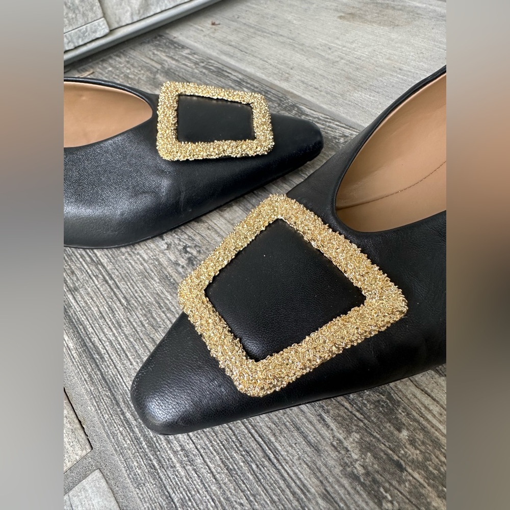 SAM EDELMAN x ANTHROPOLOGIE Janina Leather Pointed Toe Flat Gold Buckle Sz 10 - Picture 8 of 13